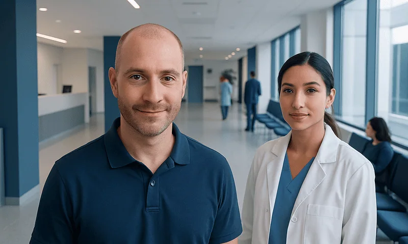 Happy male patient and female doctor in hospital lobby.