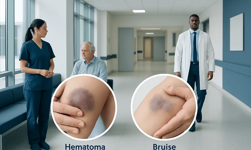 Medical professionals discuss hematoma and bruise in hospital corridor.