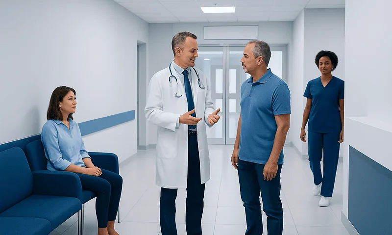 Doctor talking to patient in hospital corridor with nurse nearby.