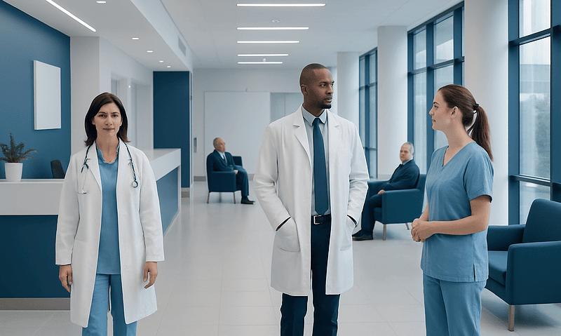 Medical professionals discussing patient care in a modern hospital lobby.