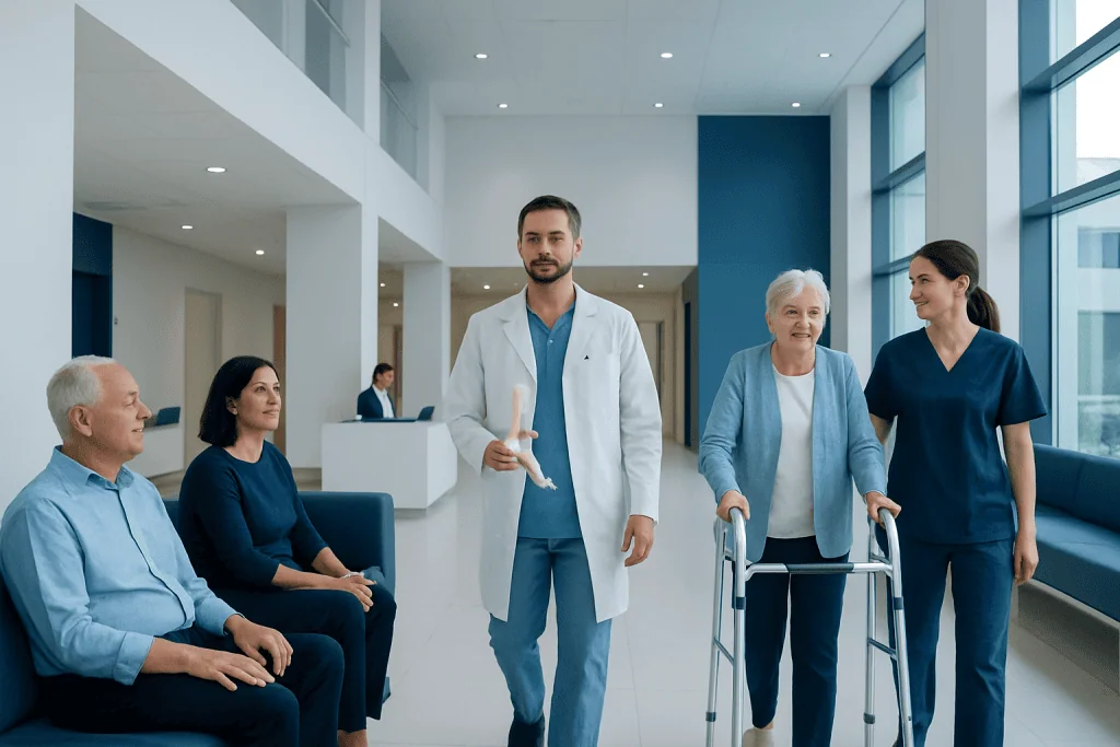 How Much Does a Hip Replacement Cost in Turkey? 2026 Prices vs USA, UK & Germany 1 Healthcare professionals assisting elderly patient in hospital corridor.