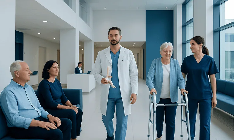Healthcare professionals assisting elderly patient in hospital corridor.