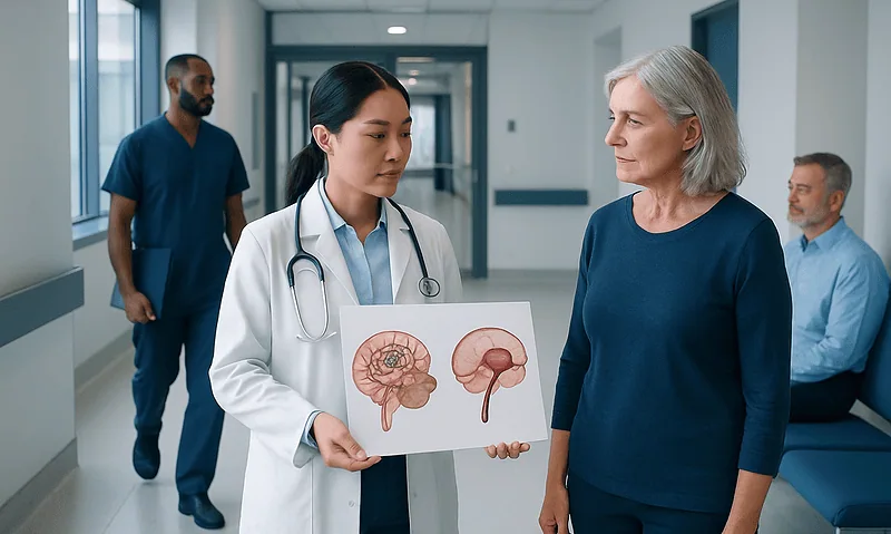 Doctor explaining brain diagrams to a patient in a hospital corridor.