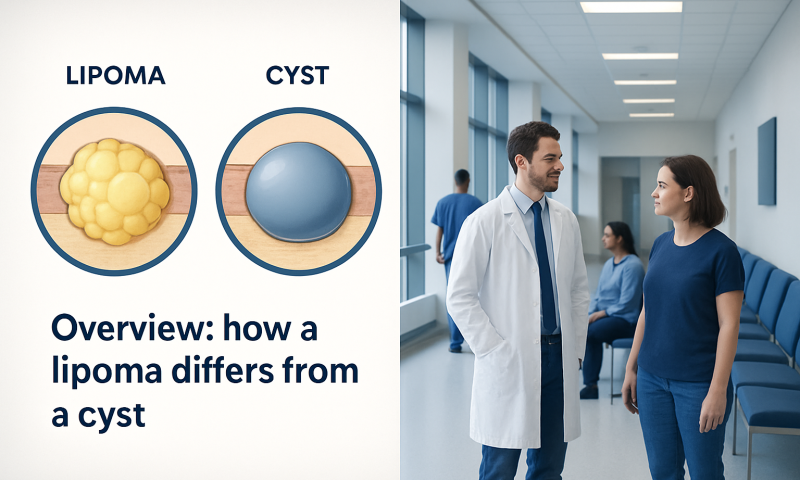 Medical professionals discussing lipoma and cyst differences in hospital corridor.