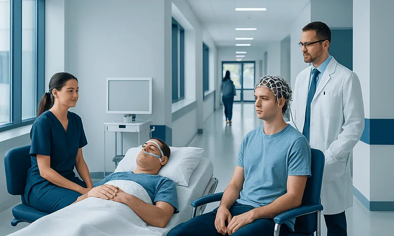 Hospital staff preparing a patient for sleep study or EEG test in a clinical setting.