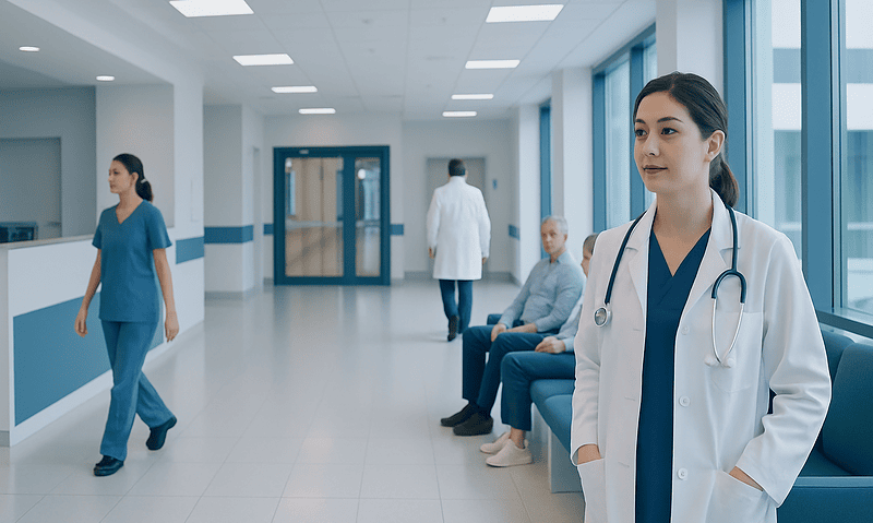 Healthcare professionals and patients in a modern hospital corridor.