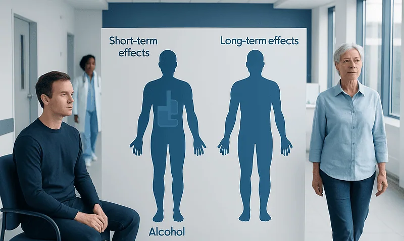 Medical illustration of short-term and long-term effects of alcohol on the body.