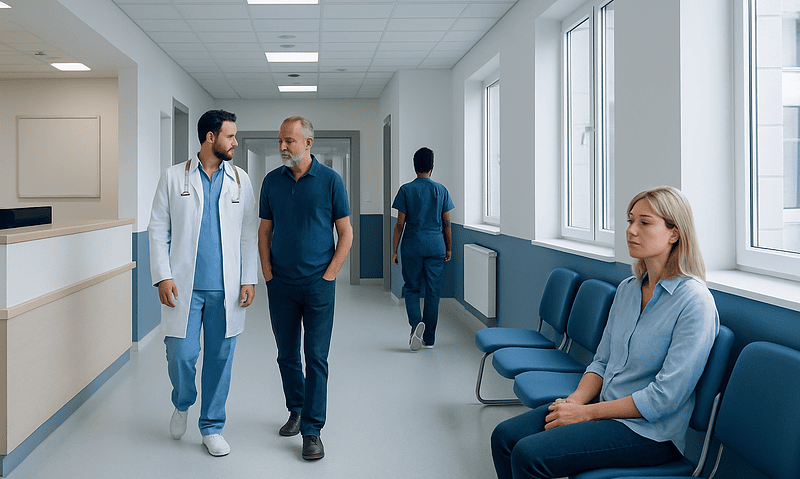 Hospital corridor with doctors and patient in a medical facility.