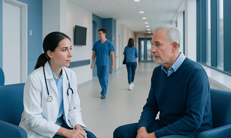 Doctor consulting with a patient in a hospital corridor.