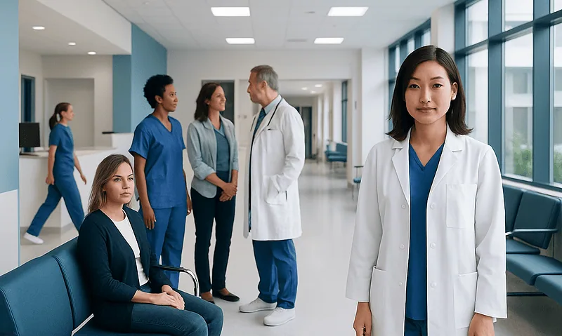 Medical team in hospital corridor with doctor and nurses.