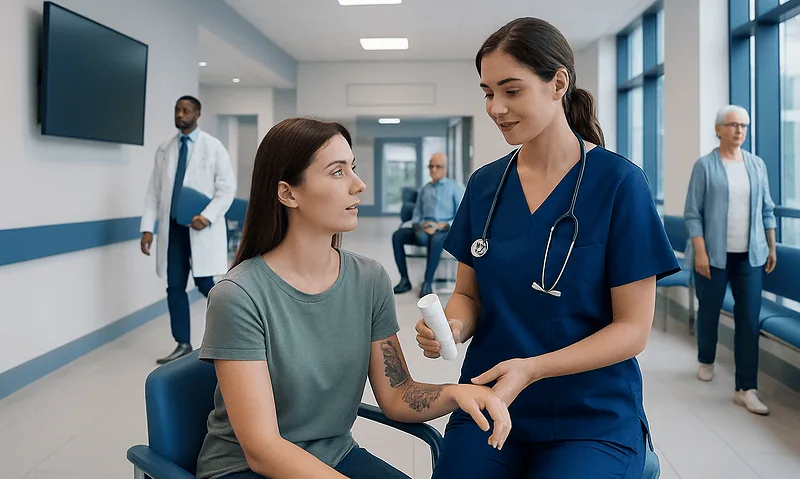 Nurse applying ointment to patient's arm in hospital corridor.