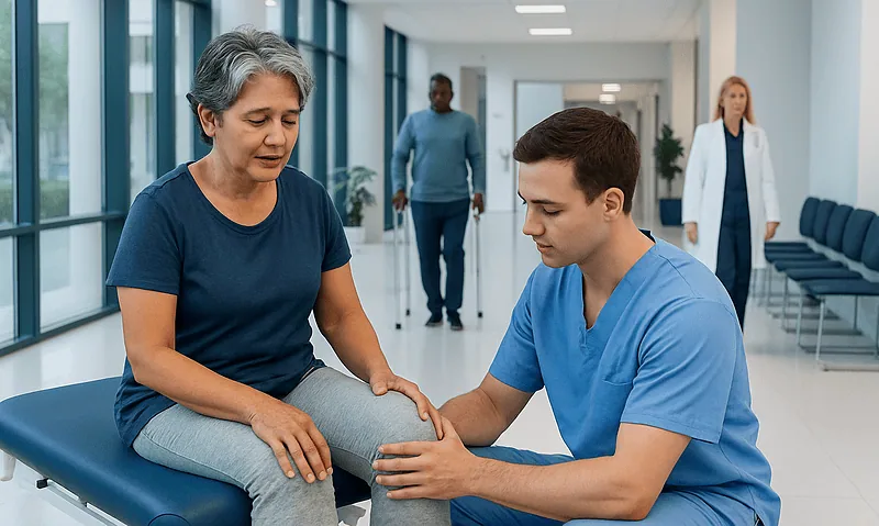 Physical therapy session for knee arthritis with healthcare professional and patient.