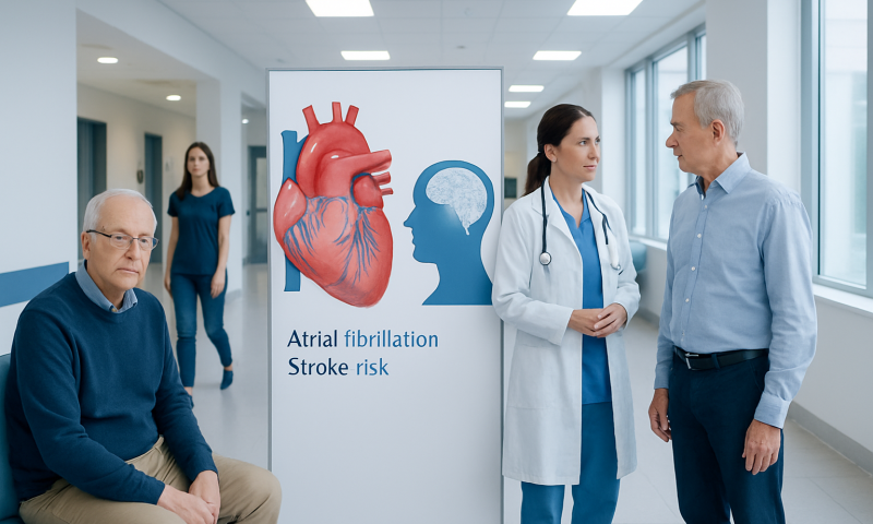 Medical professionals discussing atrial fibrillation and stroke risk at hospital.