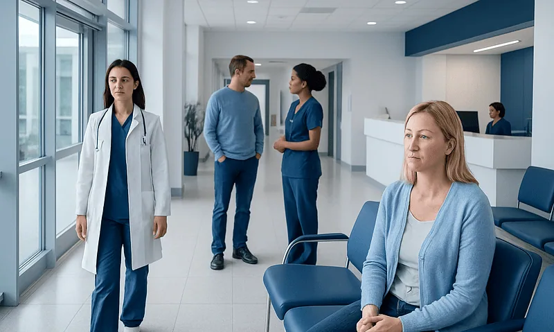 Patients waiting and medical staff in a modern hospital corridor.
