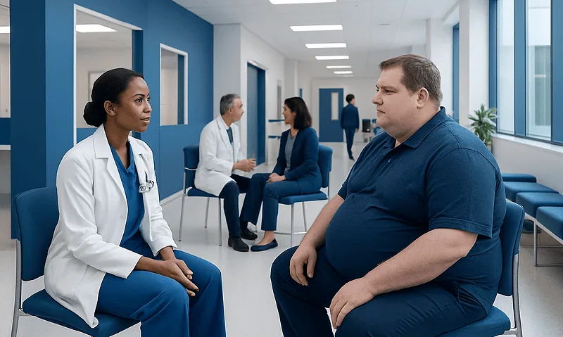 Doctor consulting with a patient about obesity management in a hospital corridor.