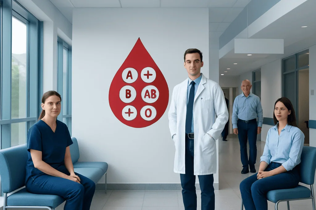 How Many Blood Types Are There and What Do They Mean? 1 Medical team in hospital corridor with blood type symbols on wall.