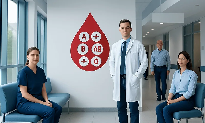 Medical team in hospital corridor with blood type symbols on wall.