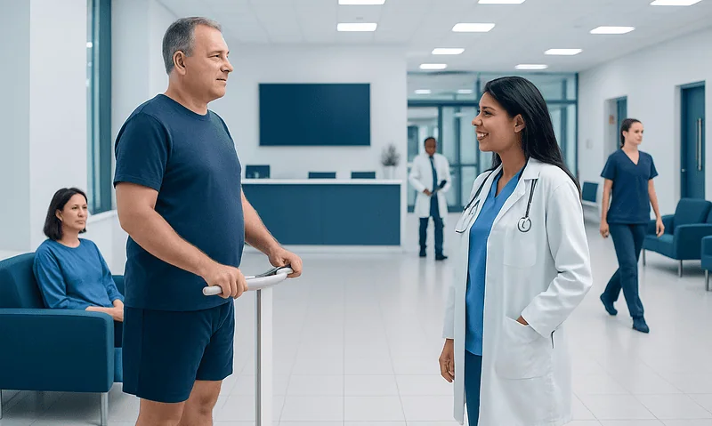 Doctor and patient talking in hospital corridor with medical staff in background.