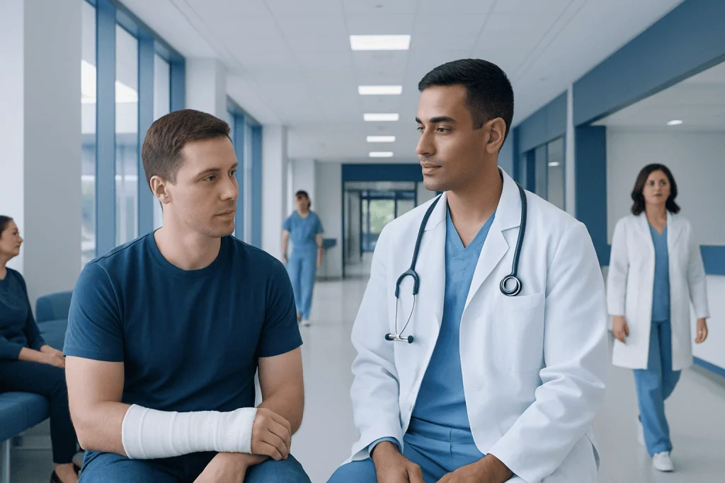 Bone Healing After a Fracture: Stages, Timeframes, and What Can Slow Recovery 1 Doctor consulting with a patient with arm injury in hospital corridor.