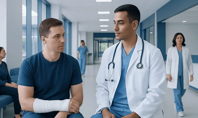 Doctor consulting with a patient with arm injury in hospital corridor.