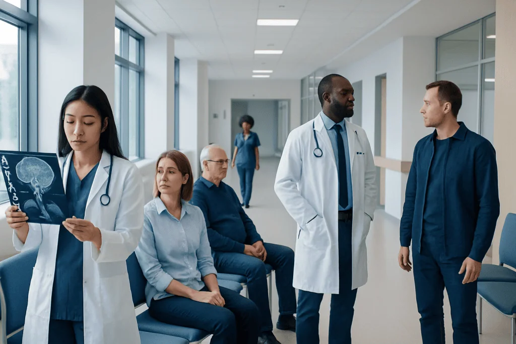 Brain Aneurysm Diagnosis: What Tests Show and What Happens Next 1 Medical professionals and patients in a hospital corridor, discussing brain health.