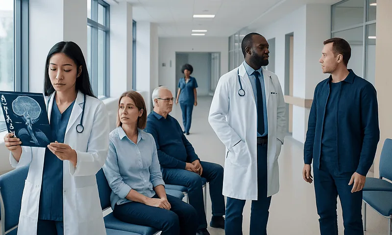 Medical professionals and patients in a hospital corridor, discussing brain health.