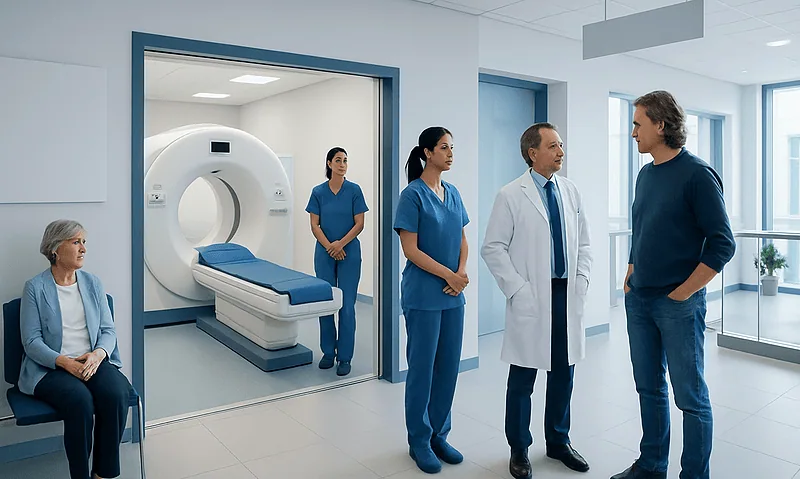 Medical team discussing in front of MRI scanner at hospital.
