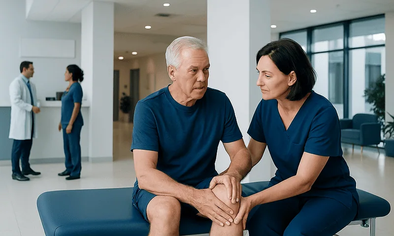Doctor consulting with elderly patient in hospital lobby.