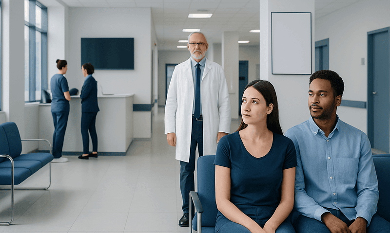 Patients waiting in a modern hospital corridor with medical staff in the background.