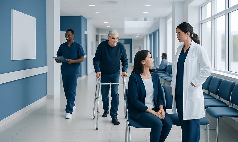 Hospital corridor with medical staff and a patient using a walker.
