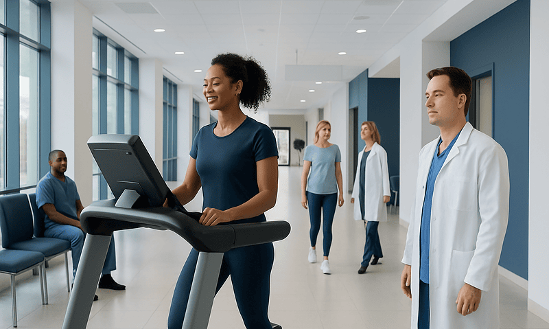 Woman running on treadmill at Acibadem hospital for cardiovascular health.