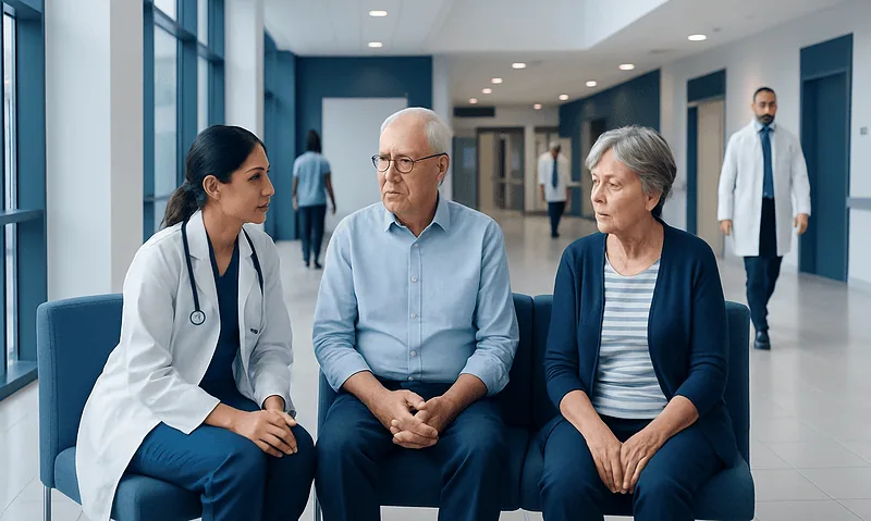 Doctor consulting elderly patients in hospital corridor.