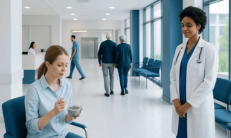 Young woman eating chia seeds in a hospital waiting area.