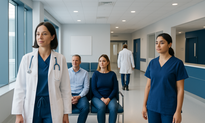 Medical team in hospital corridor with patients and staff.