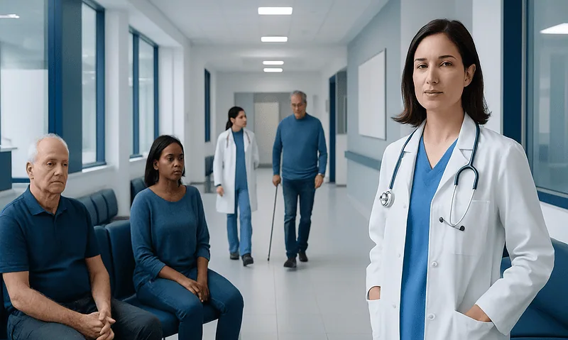 Healthcare professionals and patients in a hospital corridor.