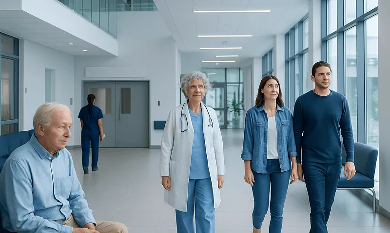 Patients and medical staff in a modern hospital corridor with large windows.