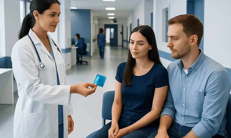 Doctor explaining condom use to a couple in a hospital corridor.