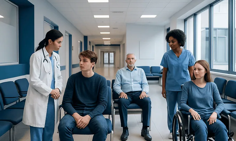 Medical professionals and patients in a hospital corridor.