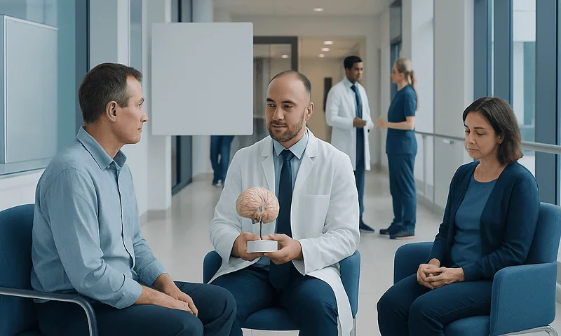 Doctor explaining brain stimulation options to patient in hospital corridor.