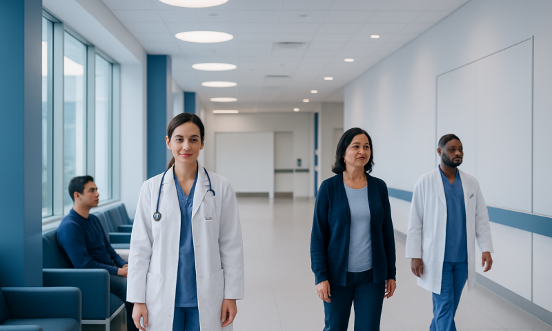 Medical team walking in hospital corridor at Acibadem Hospitals Group.