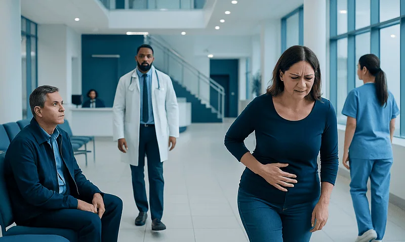 Woman with abdominal pain in hospital corridor with medical staff nearby.