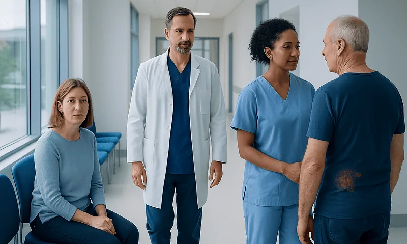 Medical team consulting with a patient in a hospital corridor.