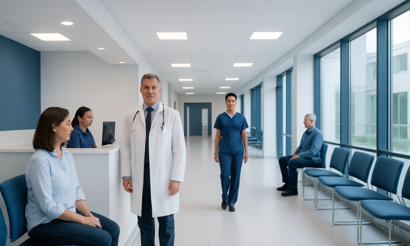 Medical professionals and patients in a modern hospital corridor.