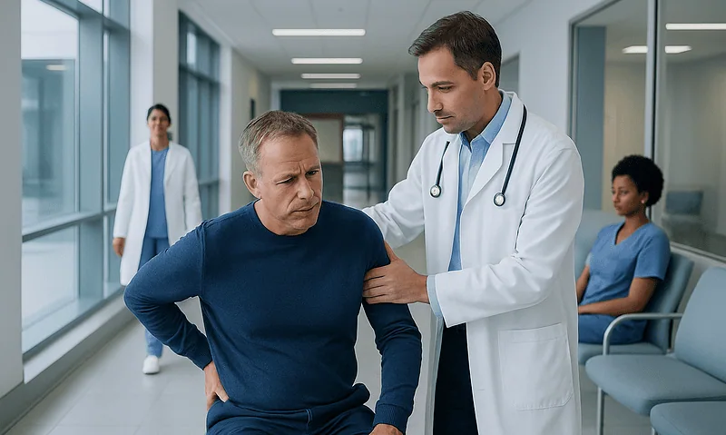 Doctor examines patient with back pain in hospital corridor.