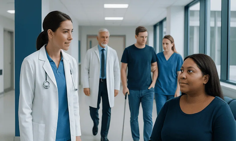 Medical team consulting with patient in hospital corridor at Acibadem Hospitals.