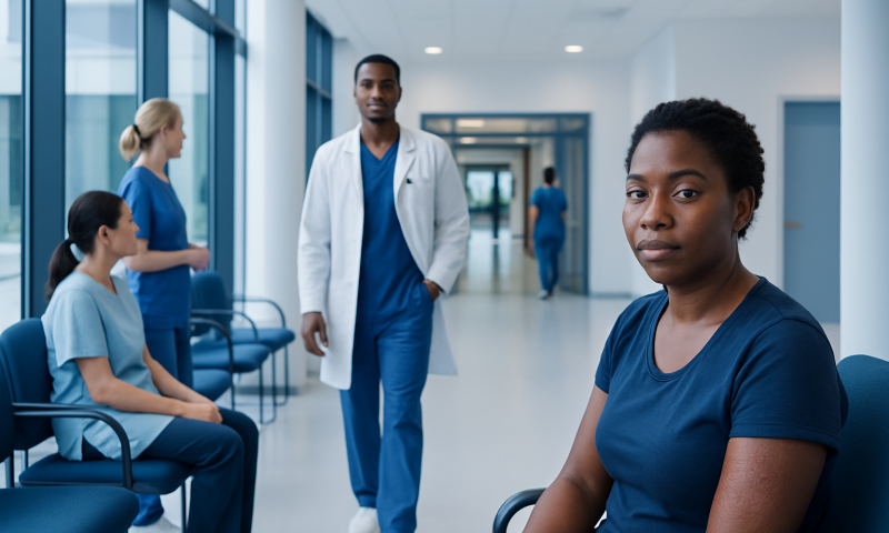 Diverse group of patients and healthcare professionals in hospital corridor.