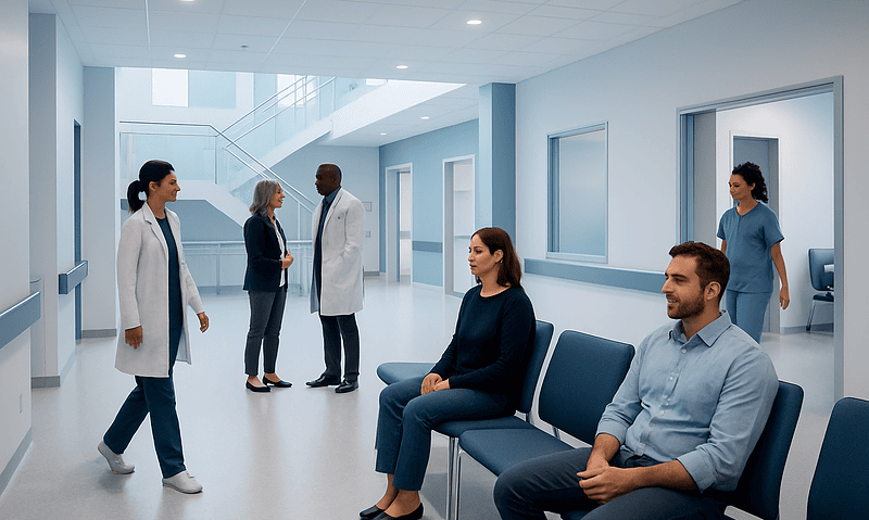 Hospital waiting area with medical staff and patients.
