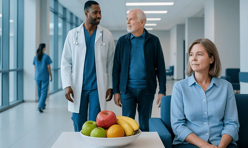 Doctor and patient discussing health in hospital corridor with fruit bowl.
