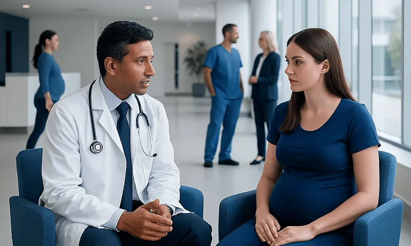 Doctor consulting pregnant woman in hospital waiting area.