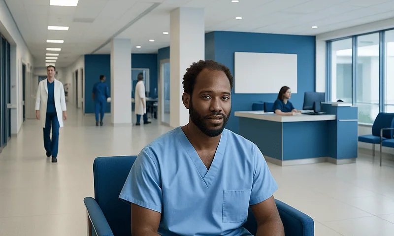 Diverse medical team in modern hospital corridor with patient care area.